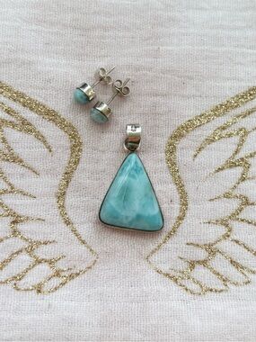 Sterling Silver Larimar Pendant and Stud Earrings - Light Blue